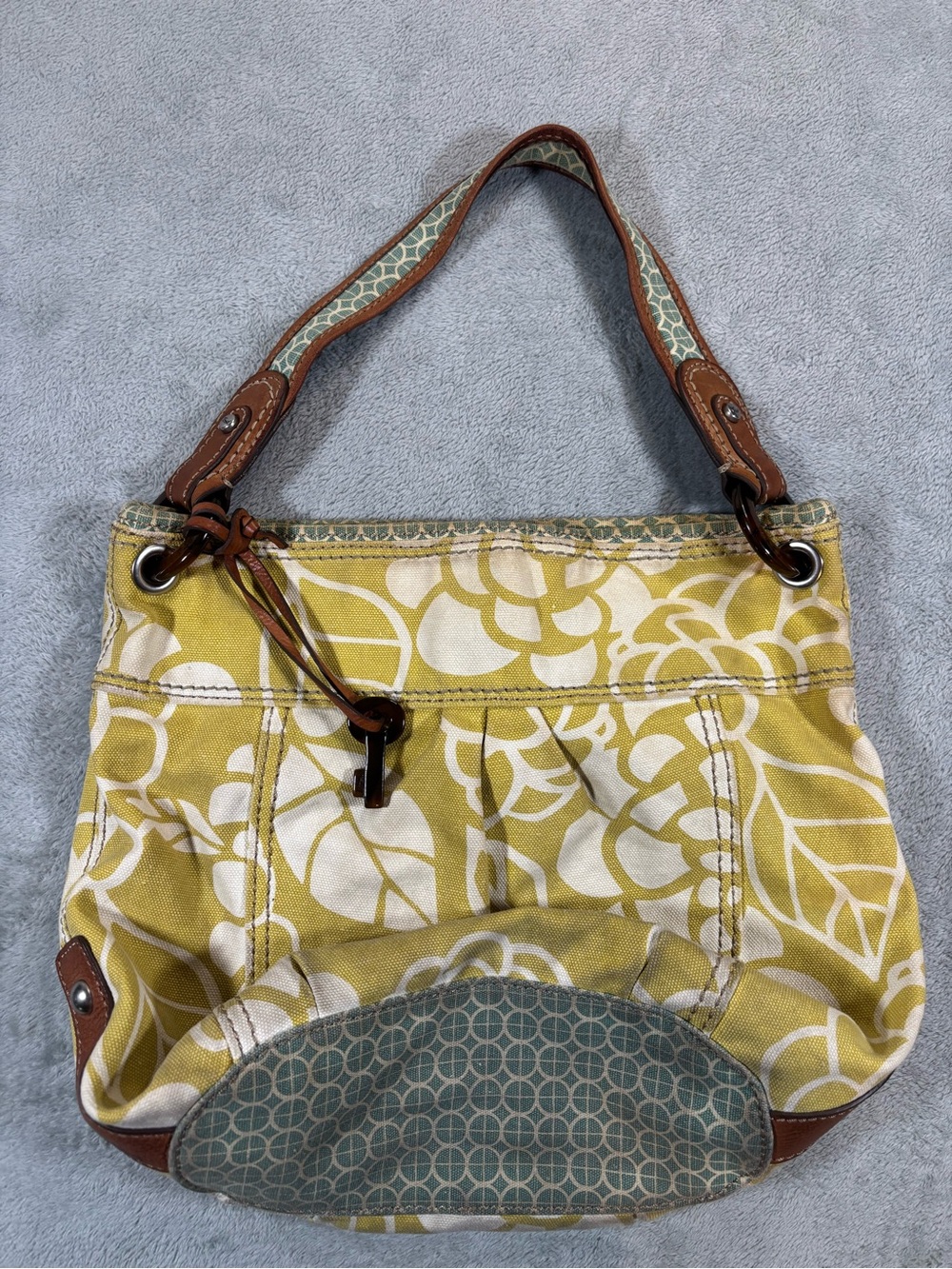 VTG Fossil Key-Per Floral Canvas & Leather Shoulder Bag Boho Y2K